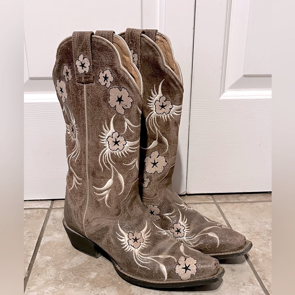 JB Dillon Cowboy Boots Floral Brown Wedding Flowers Embroidered Women's Size 7